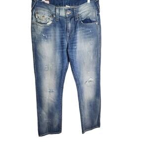 True Religion Mens Ricky Relaxed Straight Flap Jeans sz 32×33 factory distressed
